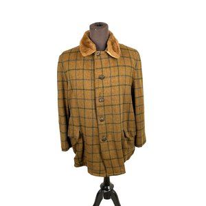Vintage Bespoke Men Heavy Wool Check Car Coat Russet Brown Faux Pile Size 44